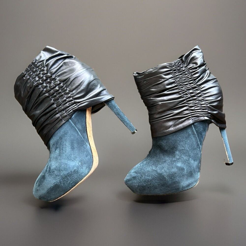 LAMB Blue Suede High Heels Platform Ruched Stiletto Ankle Booties US 7.5